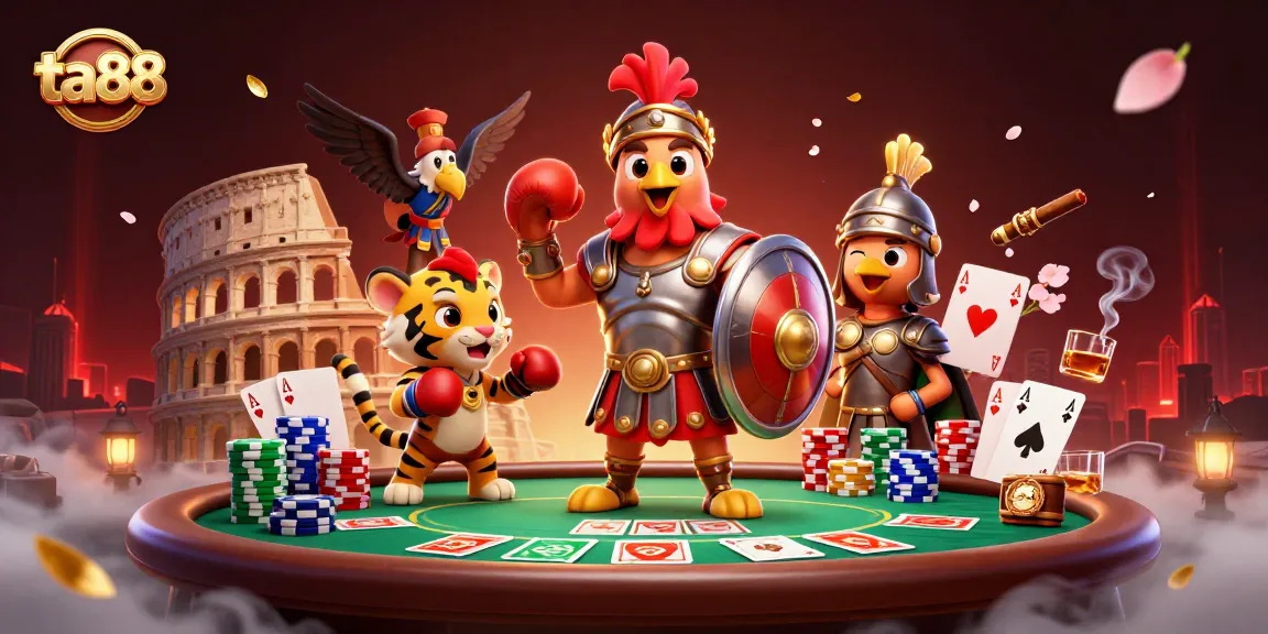 Experience thrilling games at ta88, where a gladiator rooster and tiger spar in a vibrant casino setting.