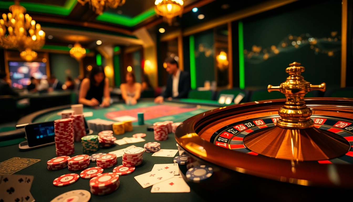 Gamblers engaged at a stylish table while playing at https://nk88net.com/ showcasing exciting casino elements.