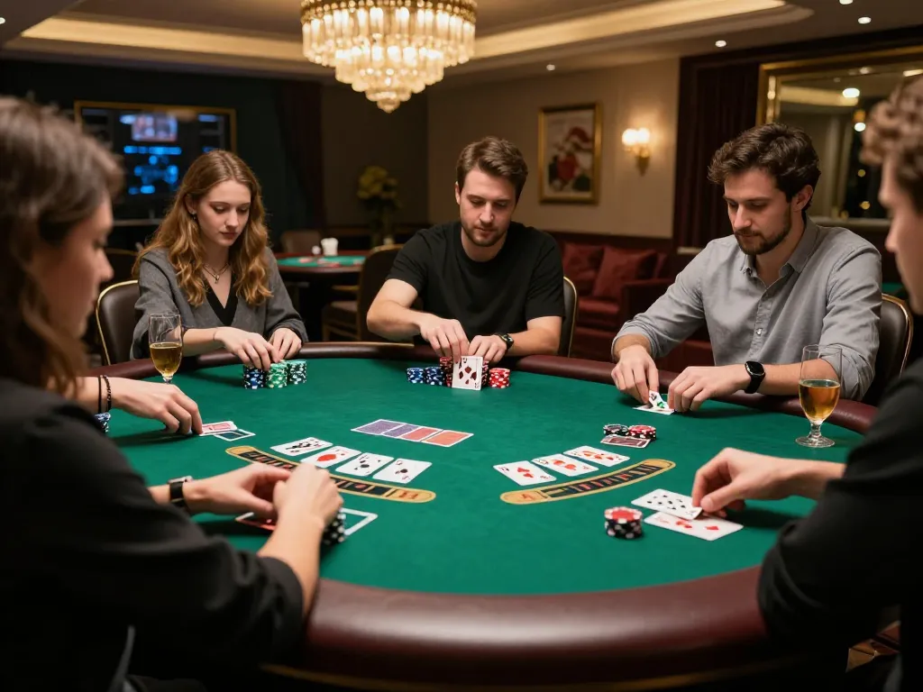 79king players strategizing during a blackjack game with chips and cards in vivid gaming room atmosphere.