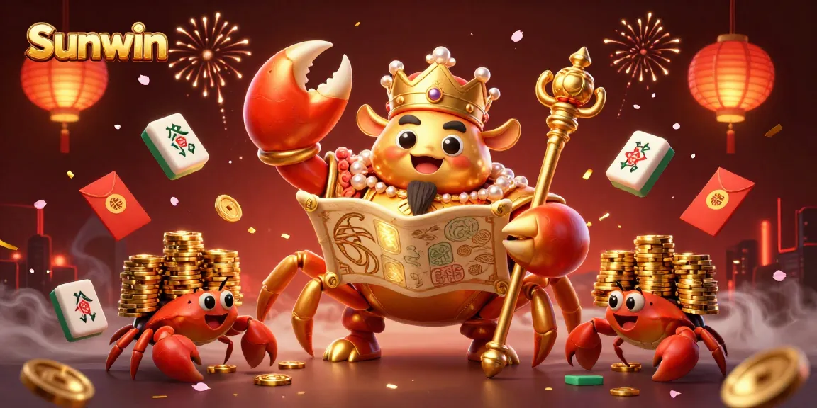 Experience the excitement and luck at Sunwin with vibrant gaming elements around the golden crab emperor.