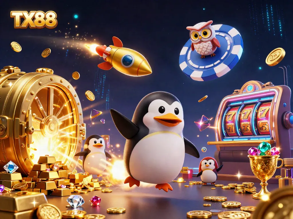 TX88 penguin soars through a vibrant casino universe while scattering golden coins and slot reels.