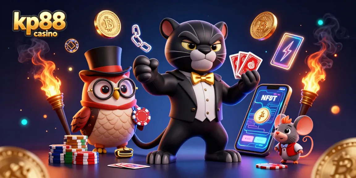 Engaging kp88 casino illustration featuring a panther dealer and whimsical characters amidst vibrant gaming elements.