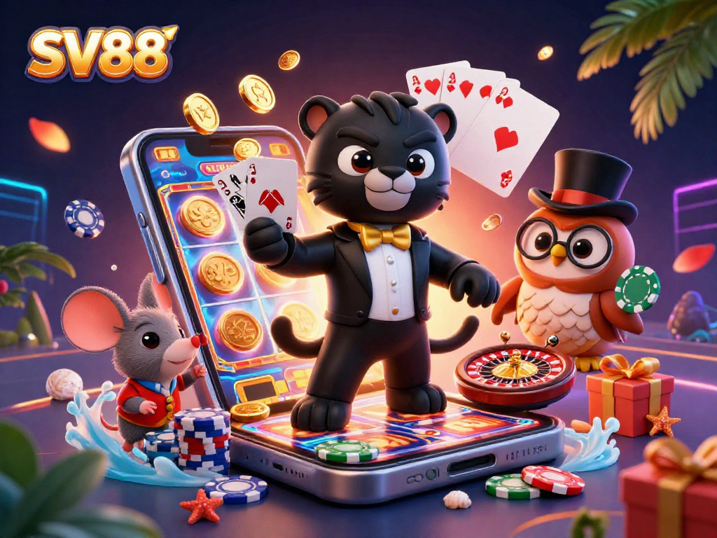SV88 showcases winning strategies with a stylish black panther dealing cards, surrounded by casino elements.