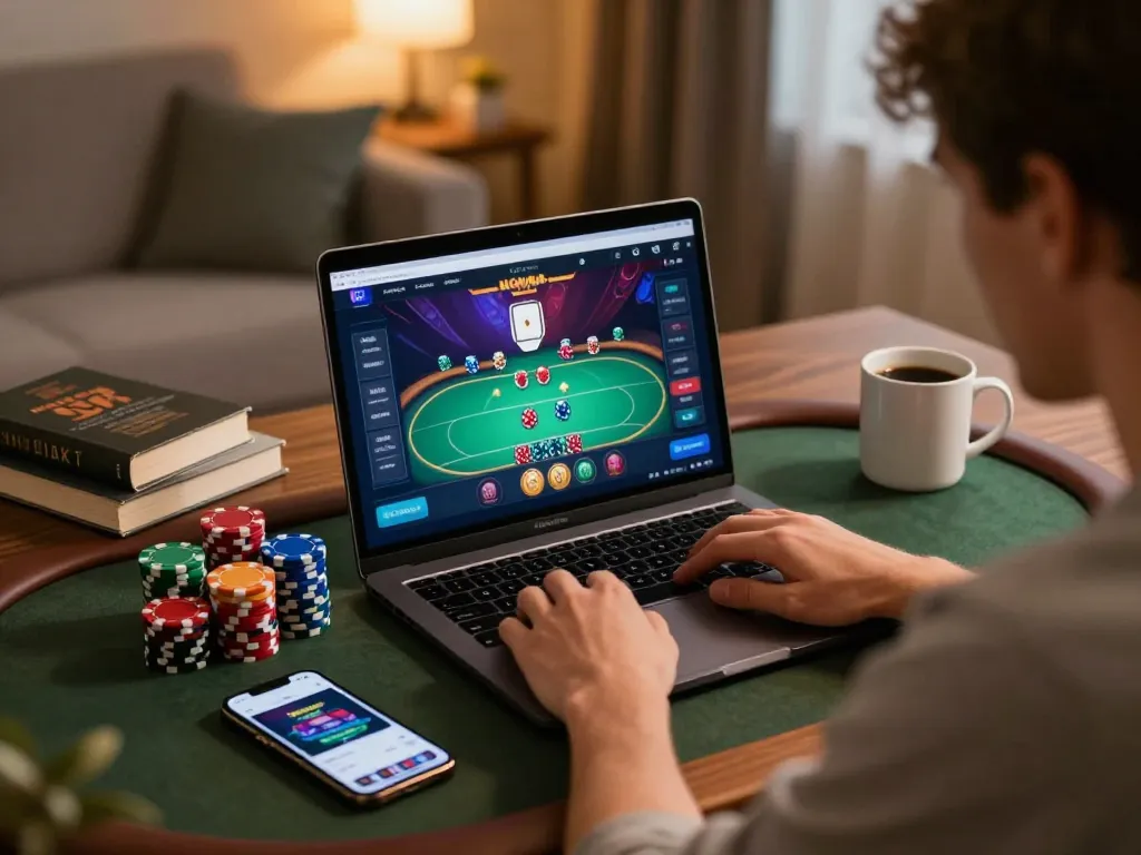 Topclub player strategizing with chips during online poker game.