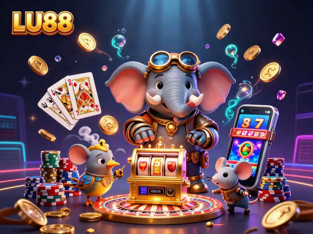 Engage with LU88's vibrant casino scene featuring a steampunk elephant, slot machine, and dazzling game elements.