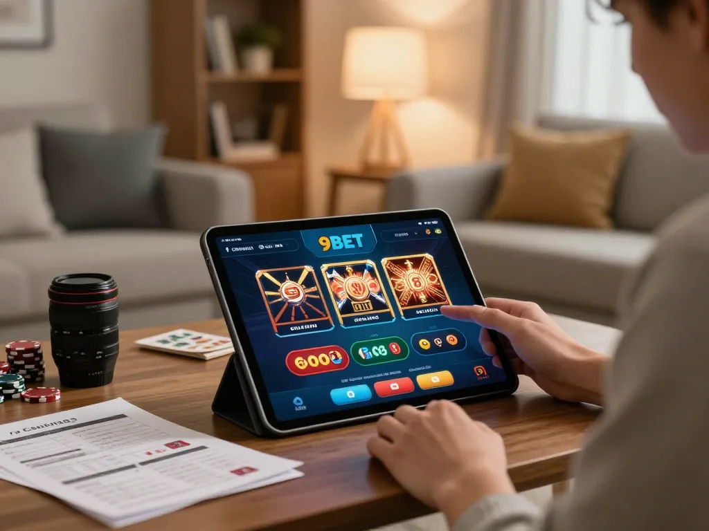 Player enjoying the 9BET app on a tablet in a cozy home, highlighting online gaming strategies.