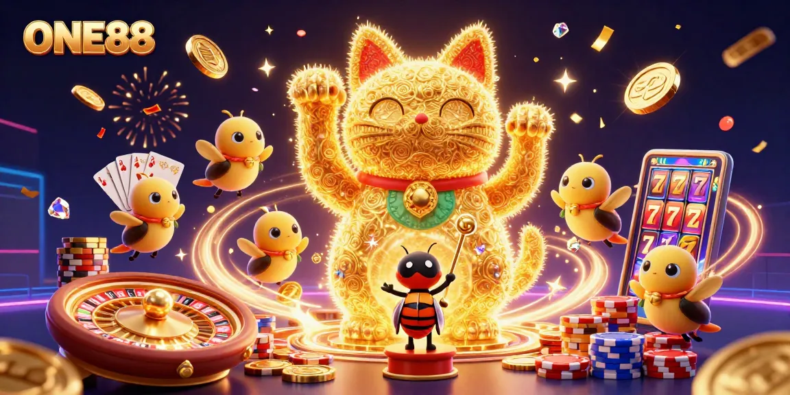 ONE88 offers exciting interactions with its golden cat and magical atmosphere in this dynamic casino scene.