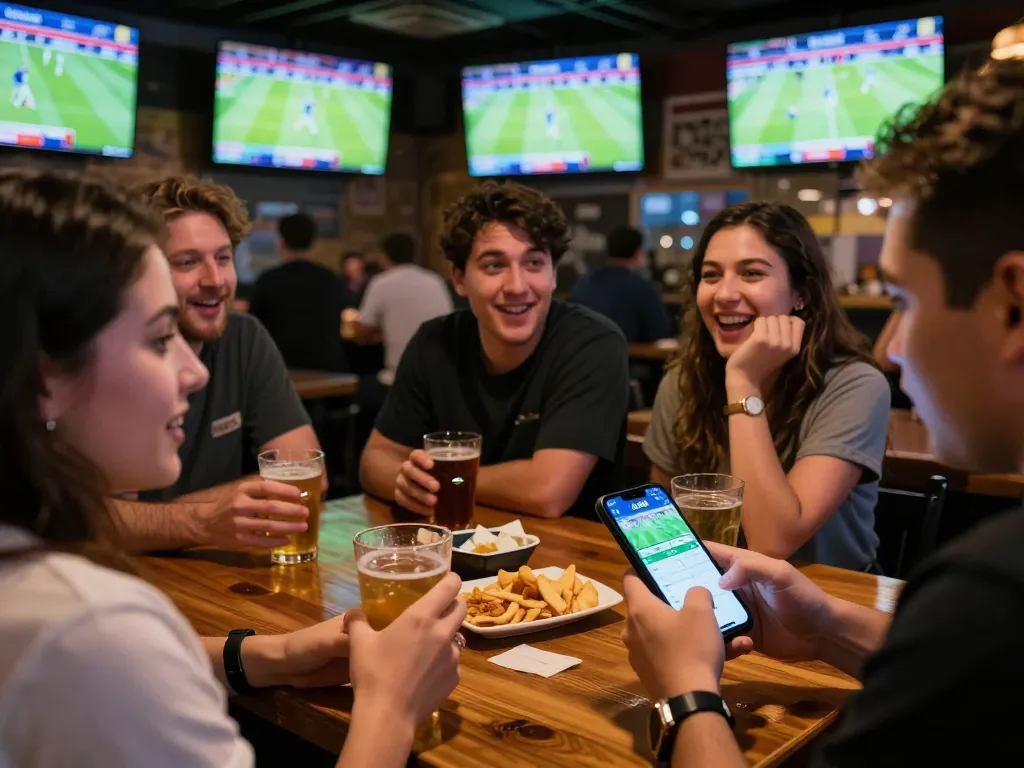 Excited sports fans placing bets using the Uk 88 app during a live sporting event at the bar