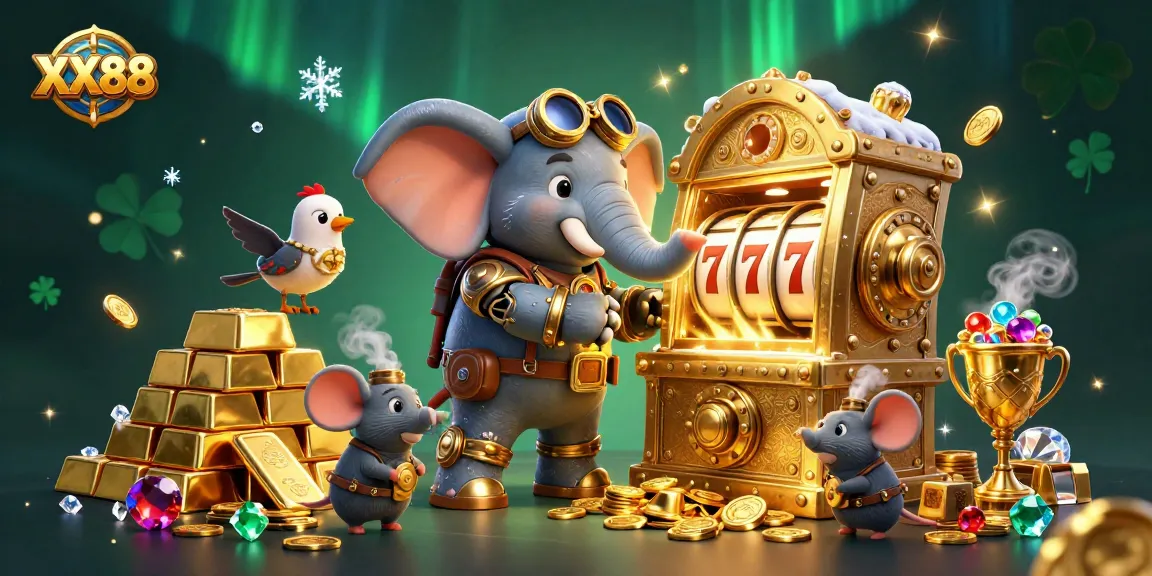 Spin the XX88 slot machine with a whimsical steampunk elephant at a vibrant casino scene.