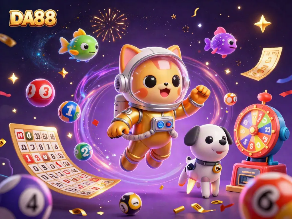 Win exciting jackpots at DA88 with our vibrant lottery-themed illustration.