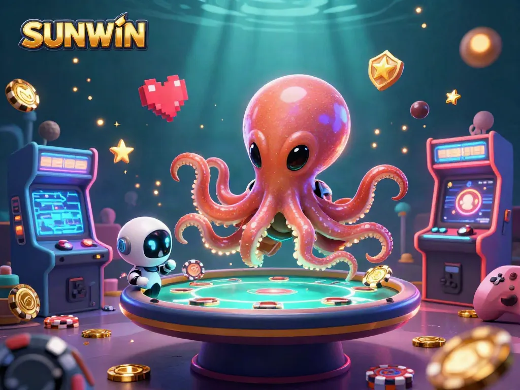 SUNWIN showcases a vibrant alien poker scene with an octopus and robot, achieving high scores.