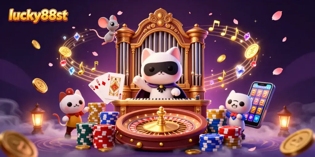 Engage with lucky88st's vibrant casino scene featuring a whimsical white cat and golden coins flying around.