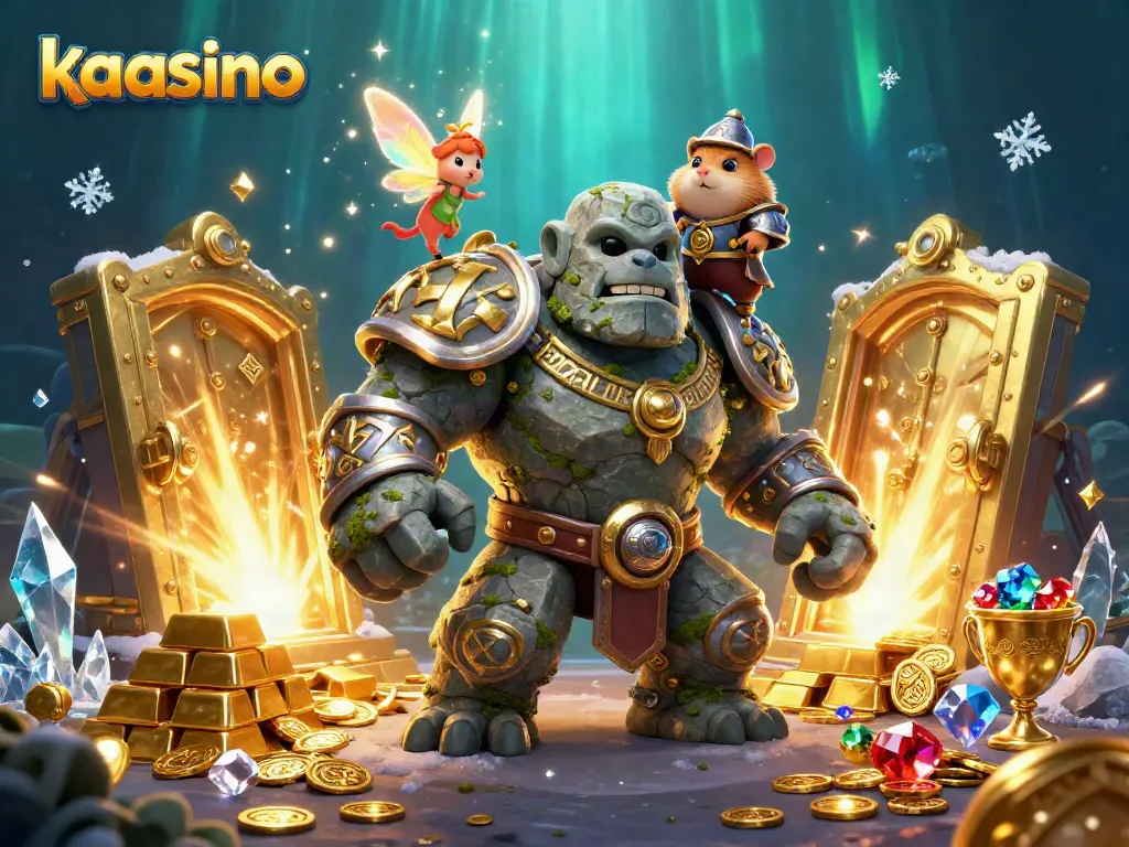 Kaasino features a magical scene with a stone golem, fairy, and knight surrounded by treasures, showcasing an immersive online casino atmosphere.