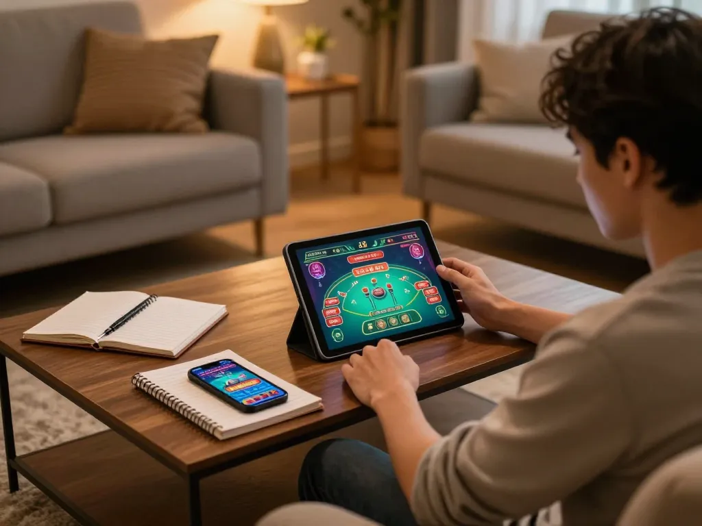 Xóc đĩa game played on a tablet in a cozy living room, showcasing an engaged player and strategic notes.