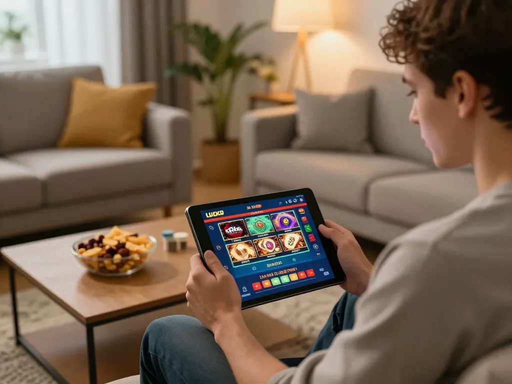 LUCK8 chơi game trên máy tính bảng trong một buổi tối thư giãn tại nhà với không khí ấm cúng và đồ ăn nhẹ.