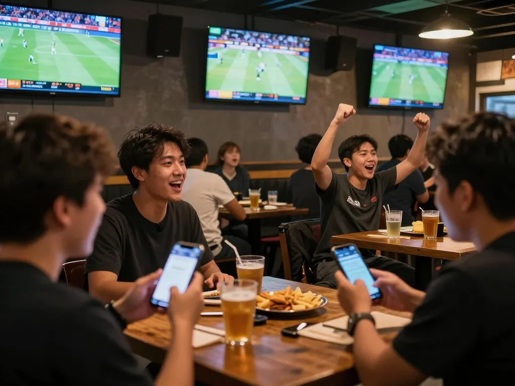 Fans engaging in real-time betting on keonhacai5 at an exciting sports bar during live matches.