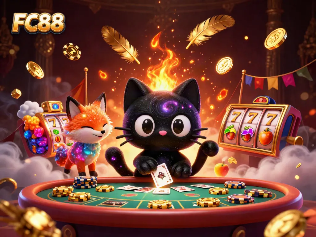 Engage in FC88's thrilling casino adventure with the animated black hole cat and nebula fox companions.