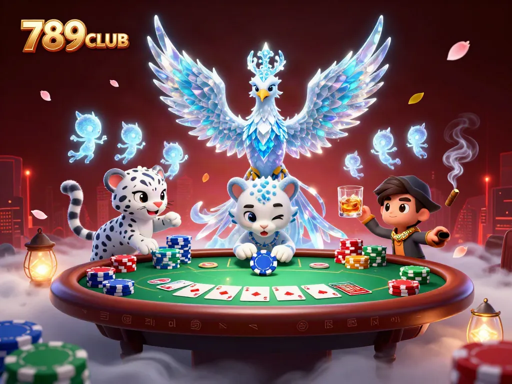 Engage in thrilling gameplay at 789CLUB with a dazzling scene of poker action and vibrant characters.
