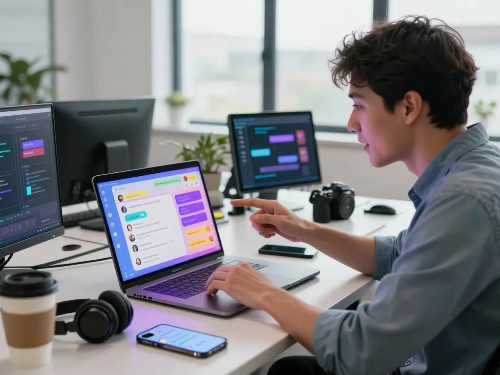 Person engaging with spicy chat AI in a vibrant tech workspace, showcasing modern interaction.