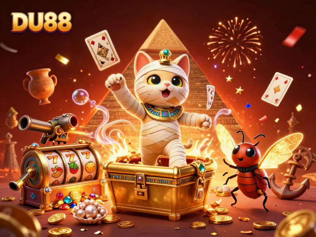 Experience the thrill of DU88 with a vibrant casino scene featuring an Egyptian mummy cat and sparkling treasures.