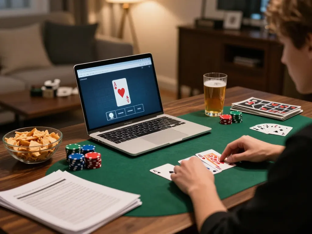 Player mastering poker strategies online through rik vip site, surrounded by notes and snacks.