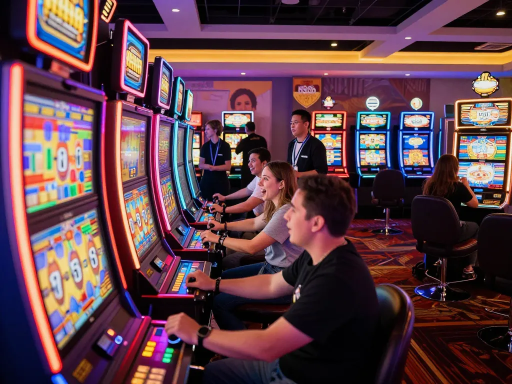 Các người chơi tận hưởng trải nghiệm chơi slot động tại casino KO66 với ánh sáng sống động và không khí sôi động