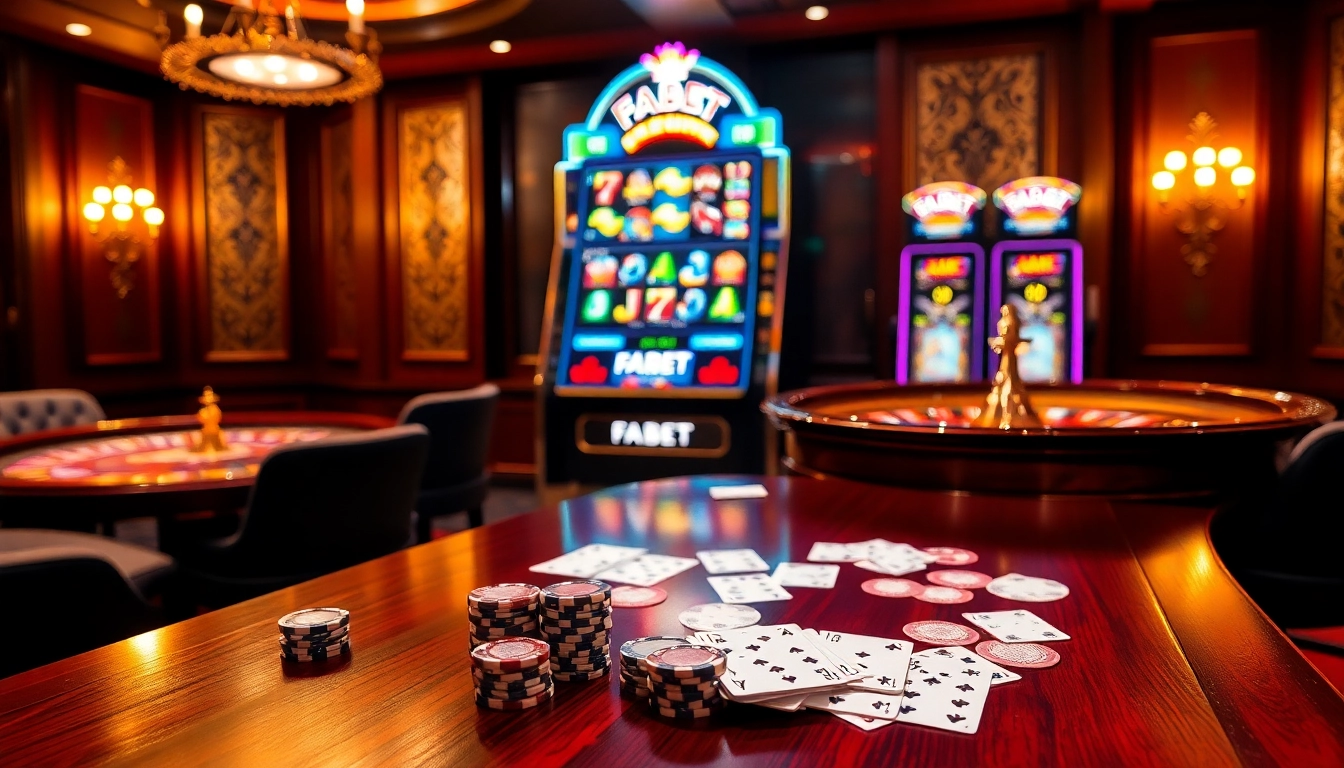 Experience thrilling moments at FABET with vibrant casino visuals and dynamic gaming ambiance.