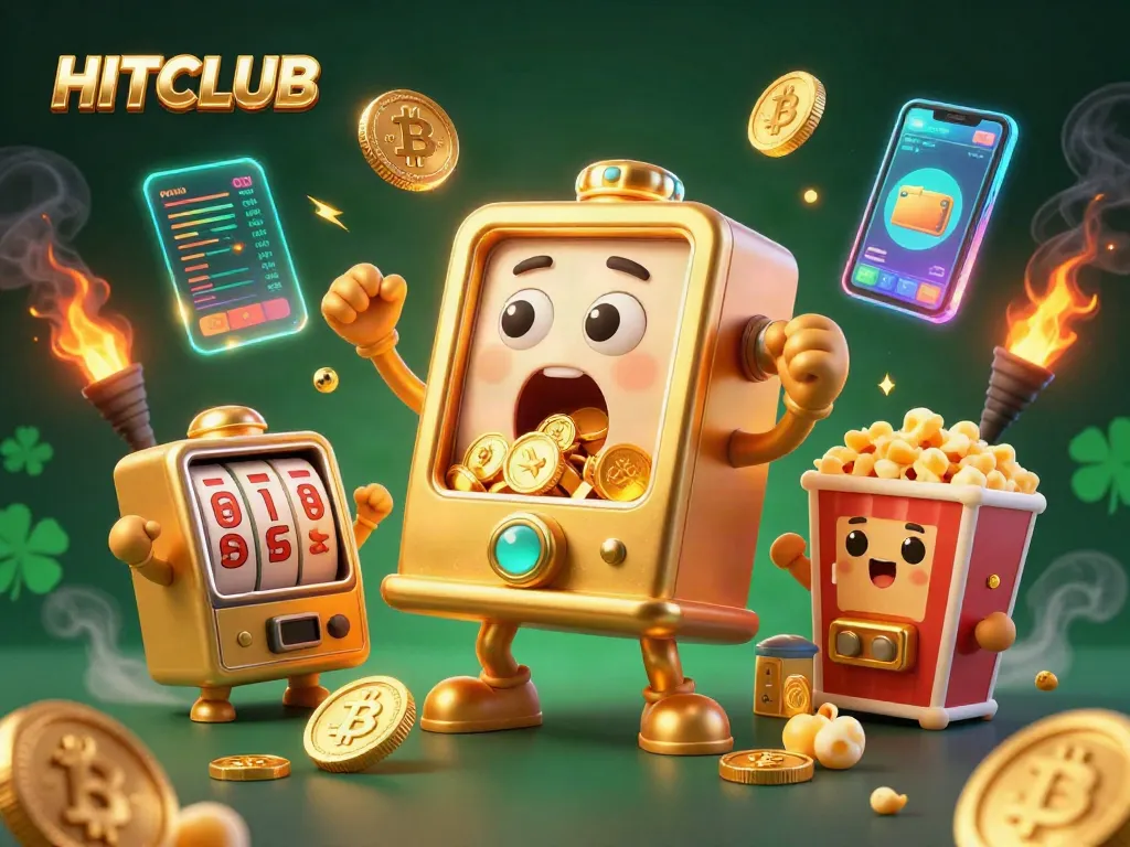Play HITCLUB to win big with thrilling slot machine jackpots in a vibrant casino scene.