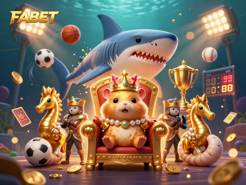 Experience exciting sports betting with FABET, a vibrant scene of a golden hamster king and dynamic game elements.