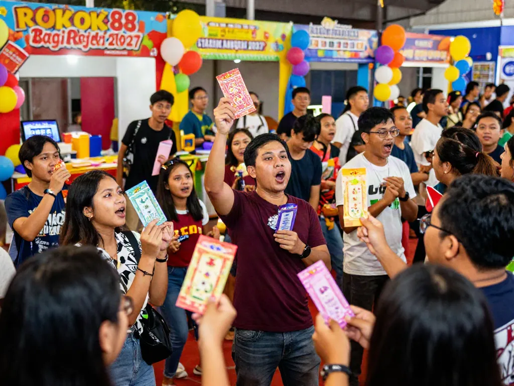 Participants celebrating at ROKOK88 event holding colorful angpao envelopes during Tarik Angpao Bagi Rejeki 2027, showcasing festive atmosphere.