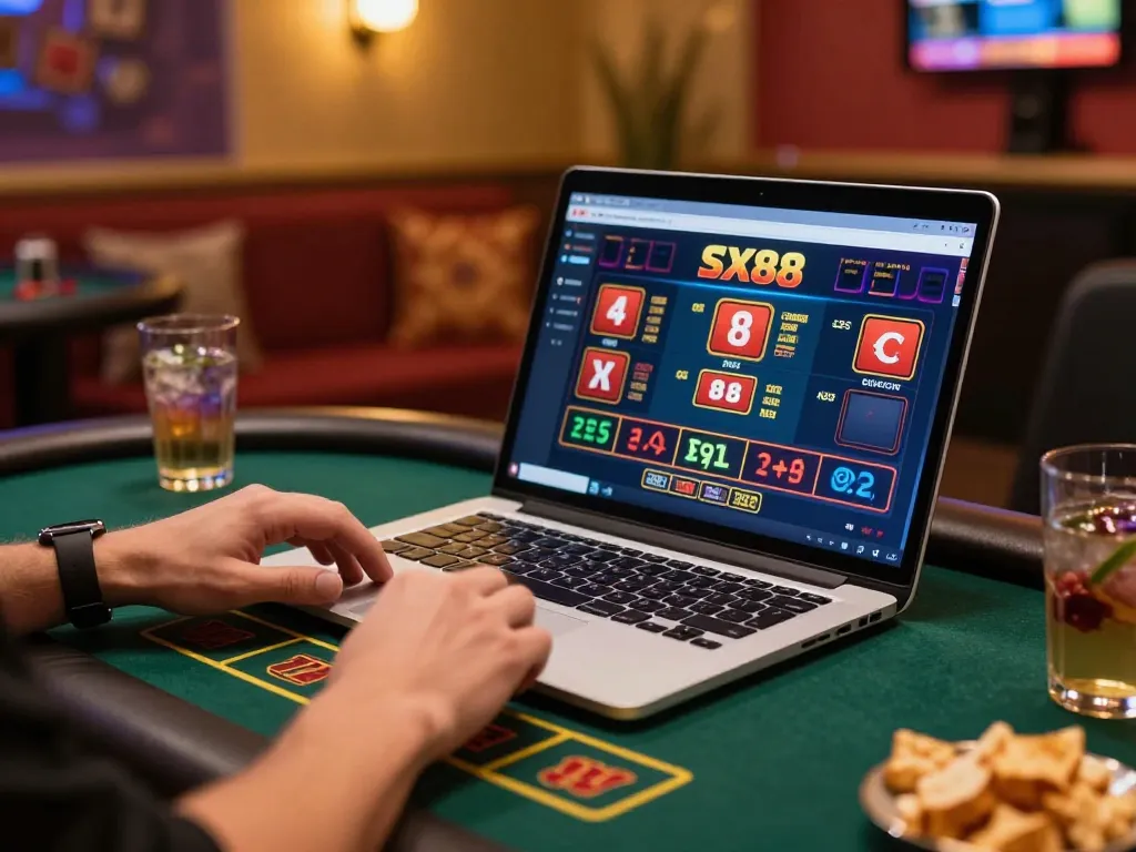 SX88 user engaged in strategic online betting on a modern laptop in a cozy gaming setup.