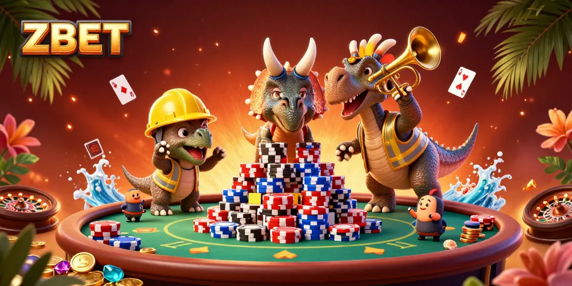ZBET engages players in a lively casino atmosphere with poker elements and cheerful characters.