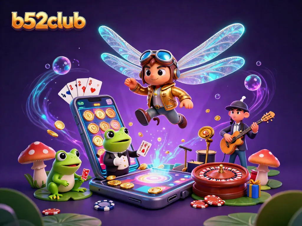 Experience the excitement of b52club with a cartoon dragonfly pilot, frog croupier, and vibrant casino elements.