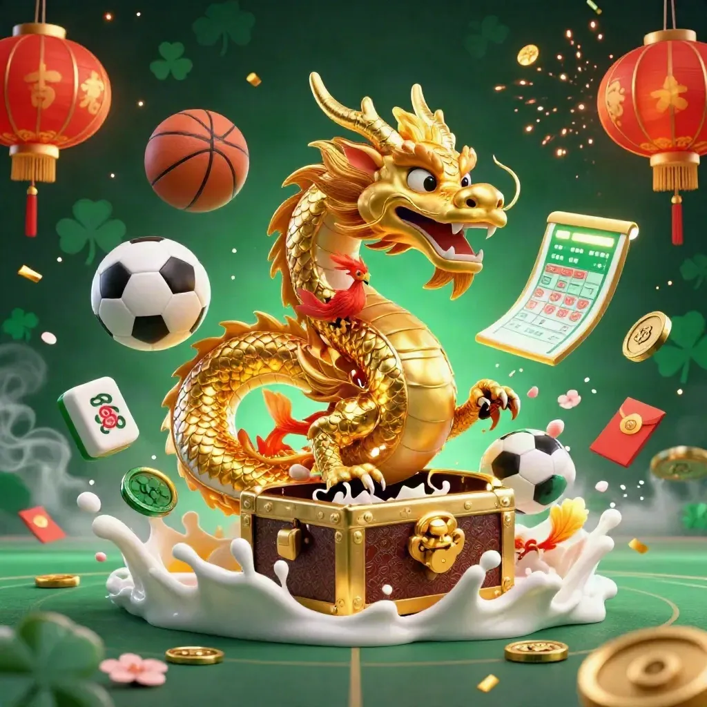 Gouden draak met mahjongtegels, basketbal en voetbal in neon casino-sfeer, laag bij de grond.
