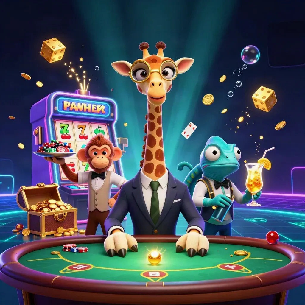 Giraffe in pak, aap en kameleon bij een luxe gokkast met goud, neon en jackpotlicht.