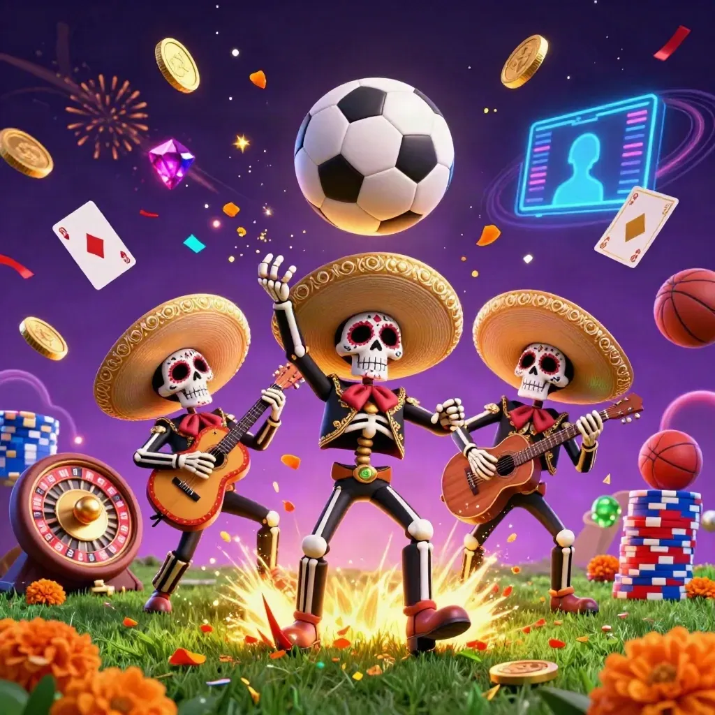 Skelet-mariachi’s trappen een voetbal, met casino-chips, gouden munten en vuurwerk.