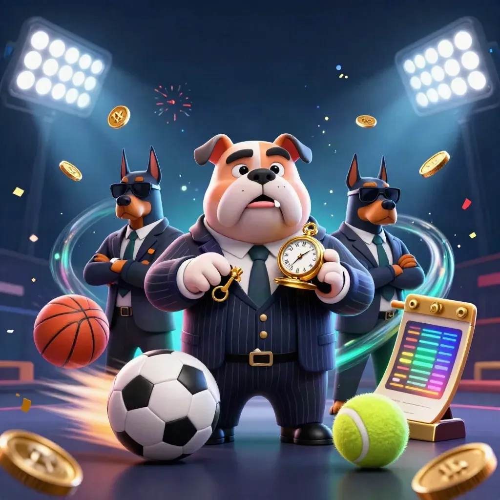 Cartoon bulldog met twee Dobermans, zwevende sportballen, munten en gouden licht.