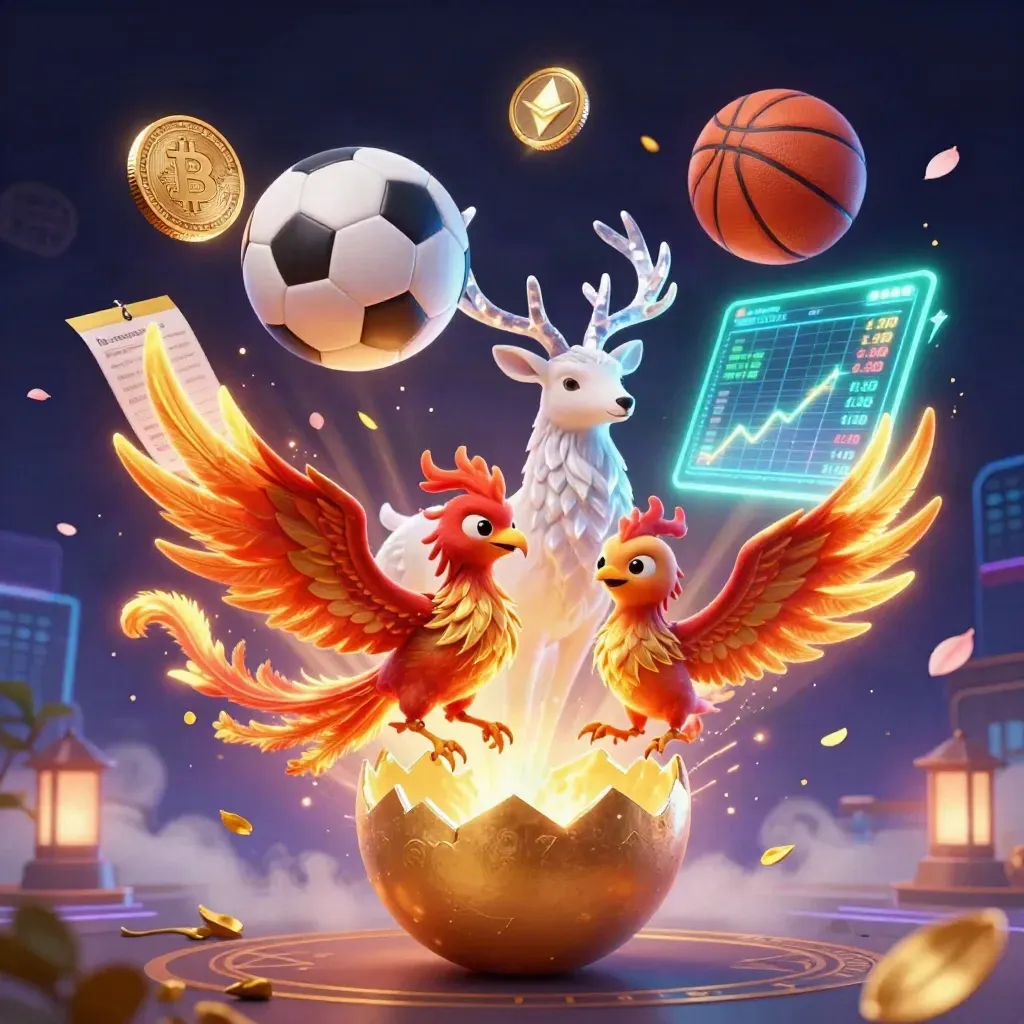 Vuurfeniks, babyfeniks en kristallen hert rond sportballen in neon casino-stijl.