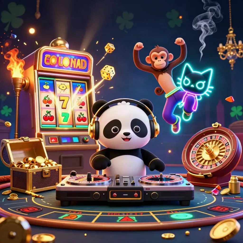 Drie cartoon casinodieren dansen rond goud, roulette en jackpotlicht in een luxe donkere ruimte.