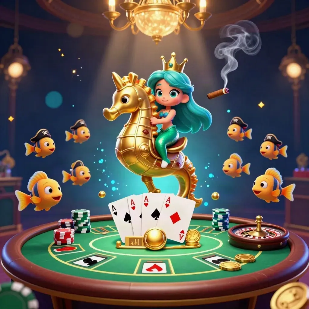 Zeemeerminprinses op zeepaard met vissen, pokerprops en gouden casino-glans.