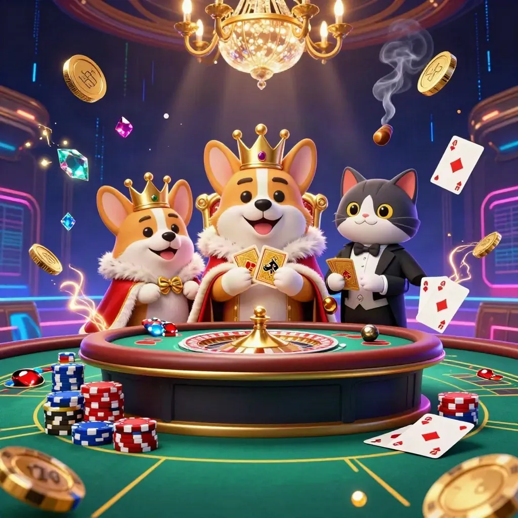 Koninklijke corgi en kattenbutler in neon casino met goud, fiches en draaiend rad