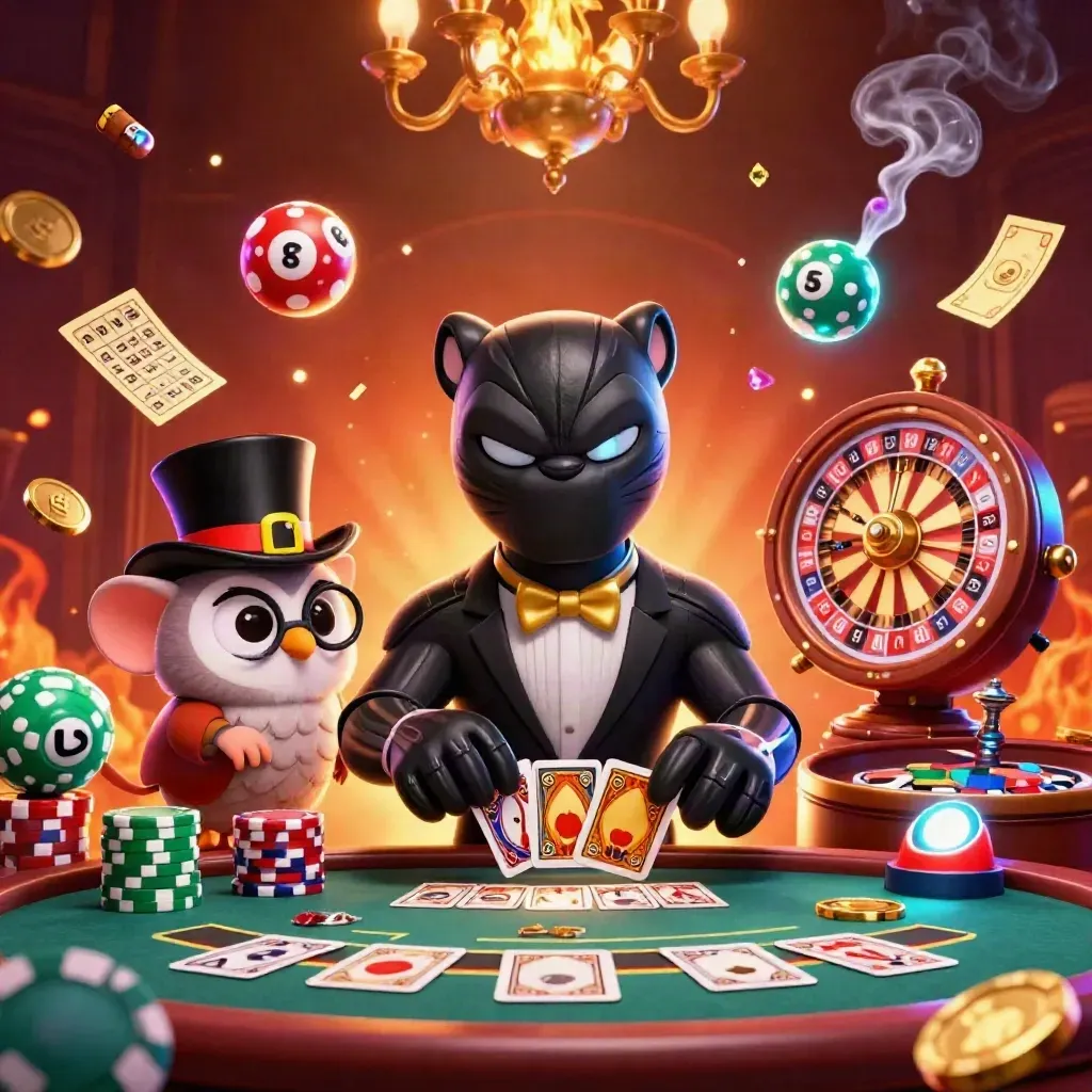 Panter, uil en muis in luxe casino, met licht, ballen, tickets en een draairad.