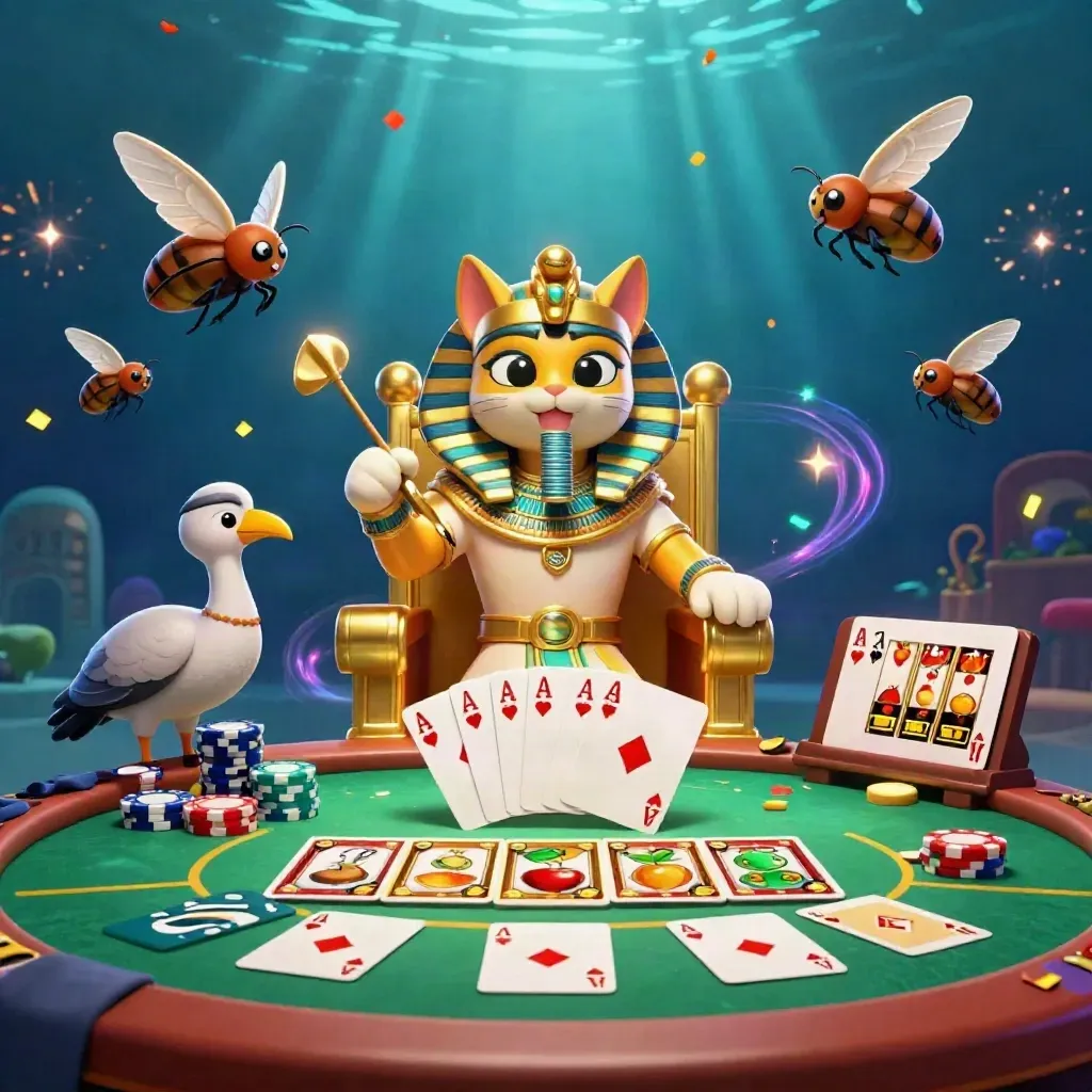 Egyptische kattenfarao met ibis, scarabeeën en casino-attributen in groen-gouden glow