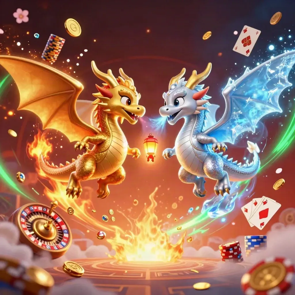 Twee draken, goud en zilver, in yin-yang vlucht met munten, edelstenen en groene magie.