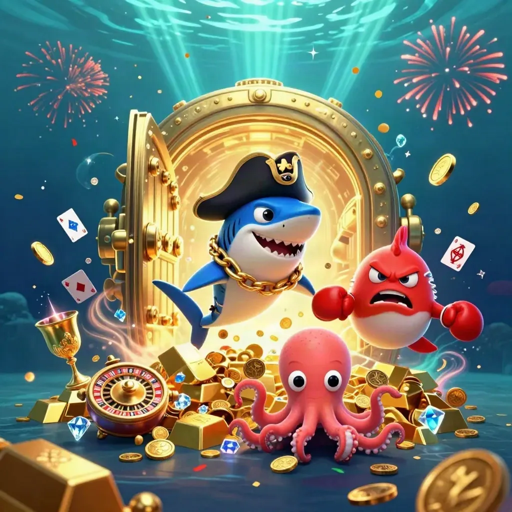 Piratenhaai, bokspuffer en baby-octopus tussen goud, kluis en vuurwerk in diepblauwe zee.