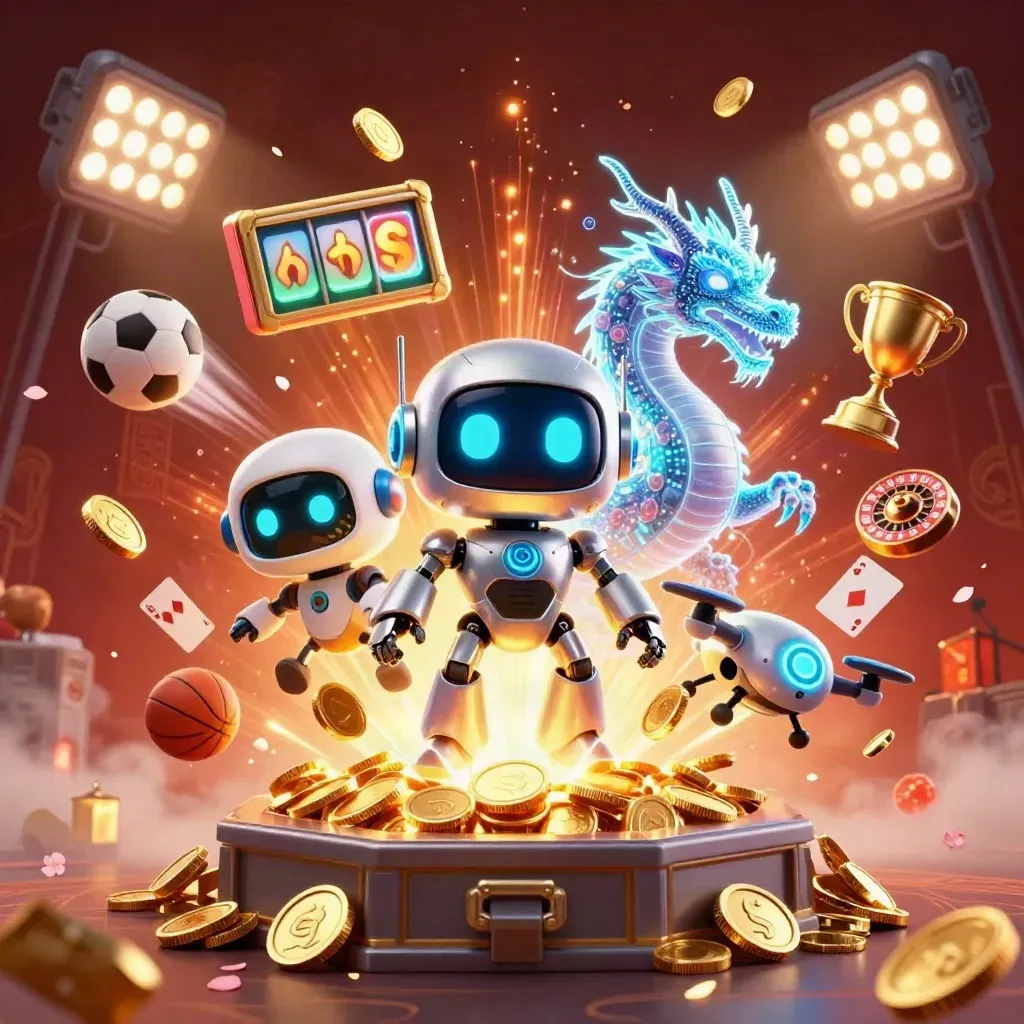 Robot, holografische draak en drone tussen goud, sportballen en vuurwerk in luxe casino-stijl.