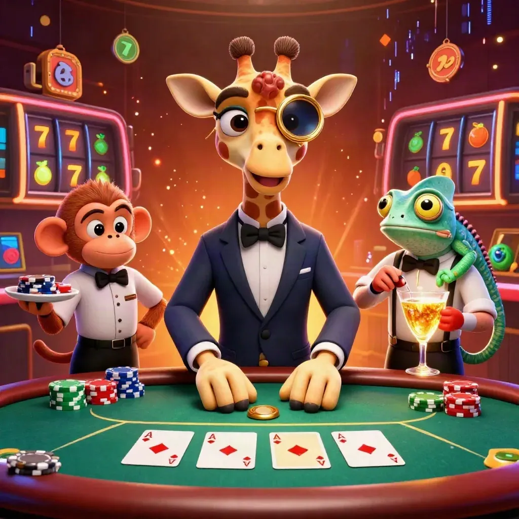 Giraffe, aap en kameleon rond een pokertafel met chips, neon en jackpotvuur.