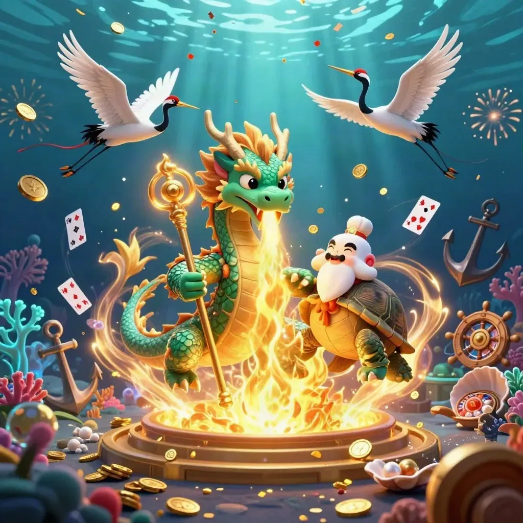 Jade draak, schildpad en kraanvogels in een onderwater goudexplosie met munten en vuurwerk.