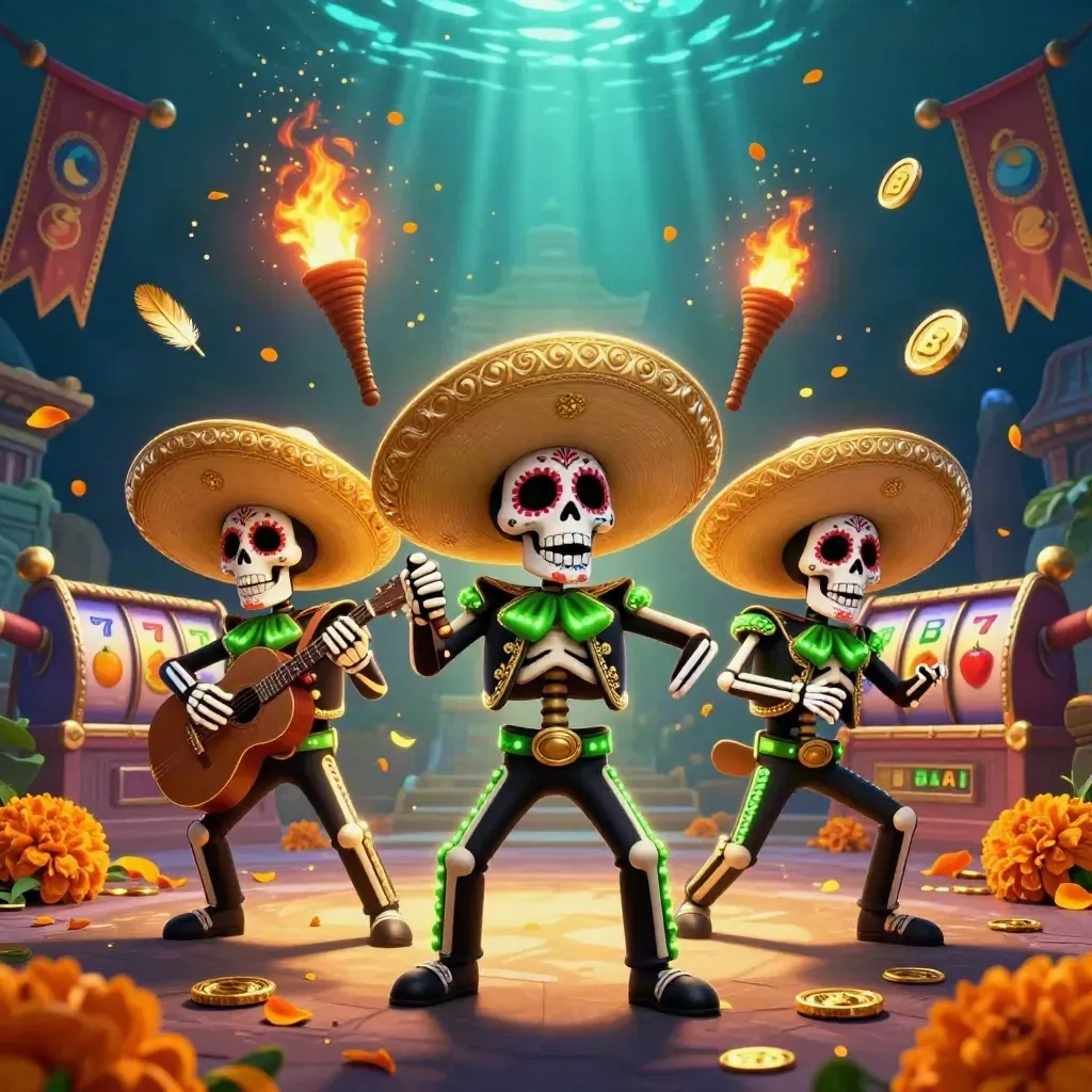 Drie mariachi-skeletten met sombrero’s tussen goud, tempelpoort en jackpotlichten.
