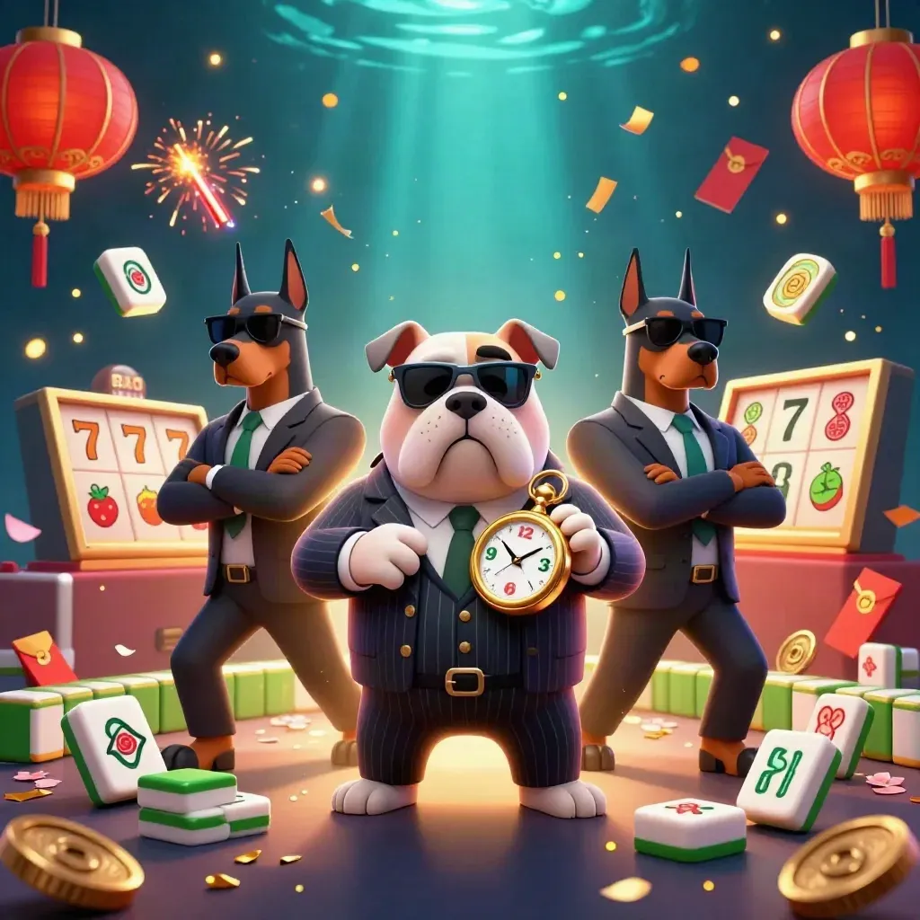 Stoere bulldog met twee dobermans, omringd door casino-symbolen en goudgroene lichtflitsen.
